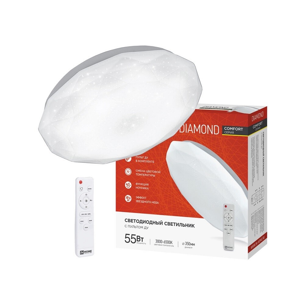 Светильник светодиодный накладной IN HOME Comfort Diamond 3000-6500К 55 Вт IP40 белый с пультом
Светильник светодиодный накладной IN HOME Comfort Diamond 3000-6500К 55 Вт IP40 белый с пультом