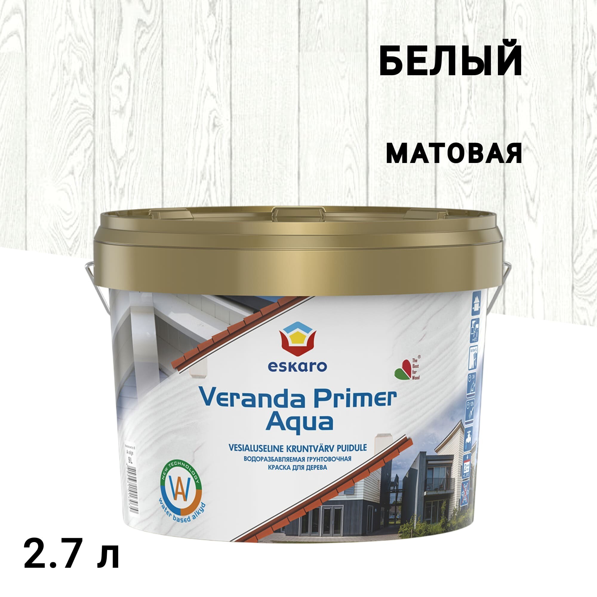 Краска-грунт фасадная по дереву Eskaro Veranda белая 2,7 л
Краска-грунт фасадная по дереву Eskaro Veranda белая 2,7 л