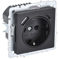 Розетка IEK Brite встраиваемая черная с заземлением со шторками USB-A/ Type-C (BR-R14-16-U22-018-K02)