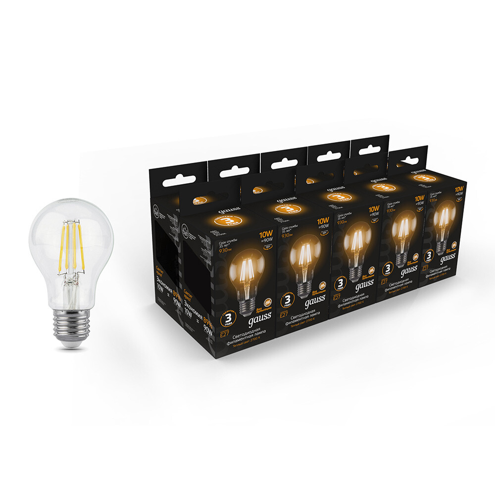 Изображение товара Светодиодная филаментная лампа Gauss E27 2700K 10W 930Lm 180-265V прозрачная А60