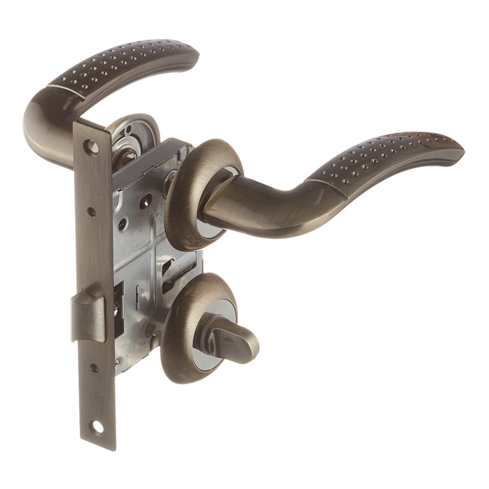 Изображение товара Комплект фурнитуры для двери Corsa Deco Rowan с замком и фиксатором круглая розетка античная бронза