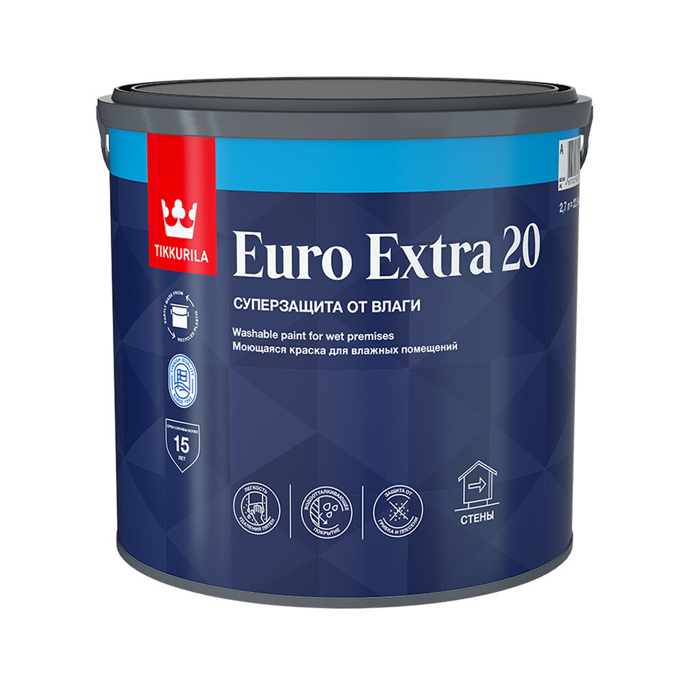 Изображение товара Моющаяся краска Tikkurila Euro Extra 20 база А для влажных помещений 2,7 л