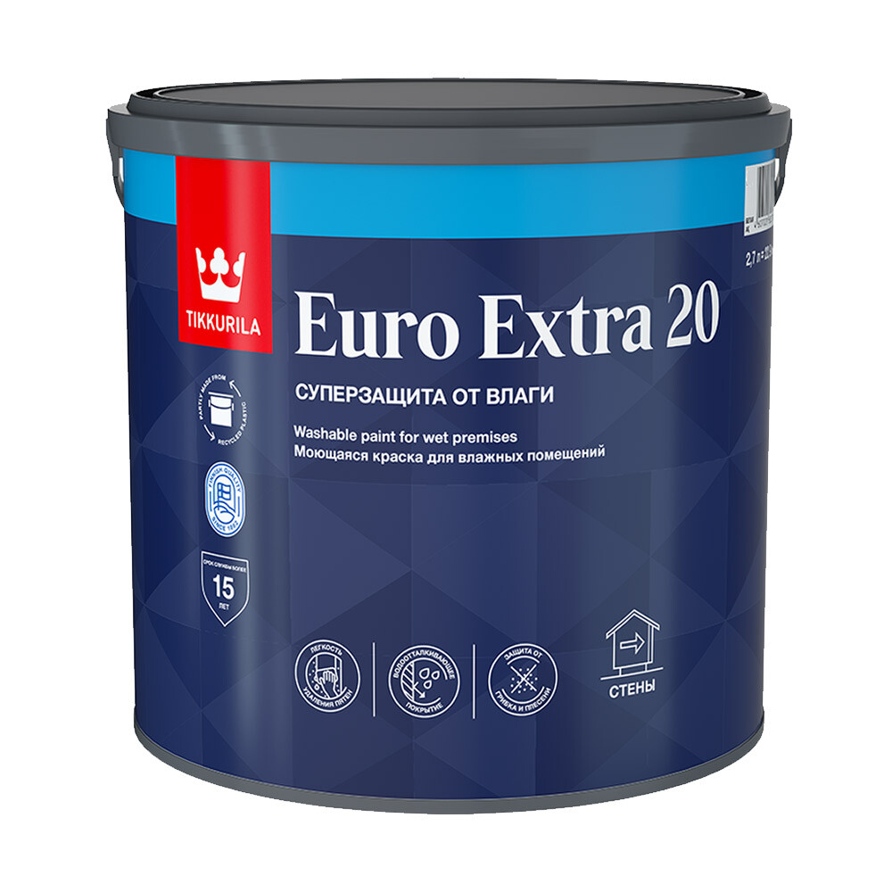 Изображение товара Моющаяся акриловая краска Tikkurila Tikkivala Euro Extra 20 база C 2,7 л