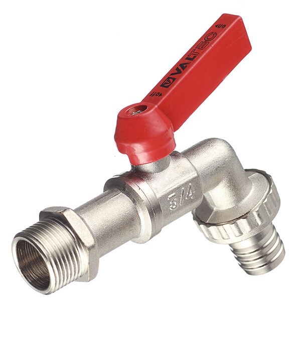 Изображение товара Кран шаровой латунный Valtec 3/4 НР(ш) х 3/4 НР(ш) ручка со штуцером угловой (VT.051.N.05)