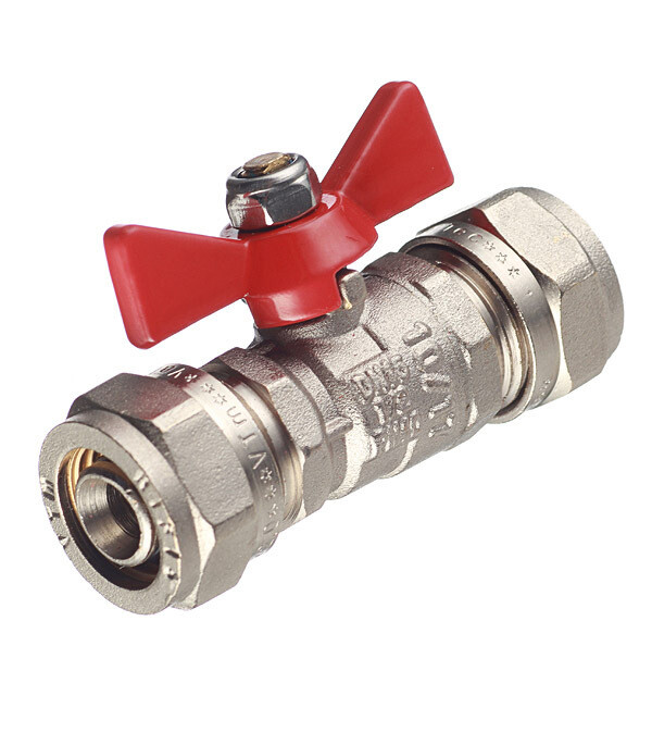 Изображение товара Кран шаровой латунный Valtec 16 обж(ц) х 16 обж(ц) для металлопластиковых труб бабочка прямой (VT.343.N.1616)