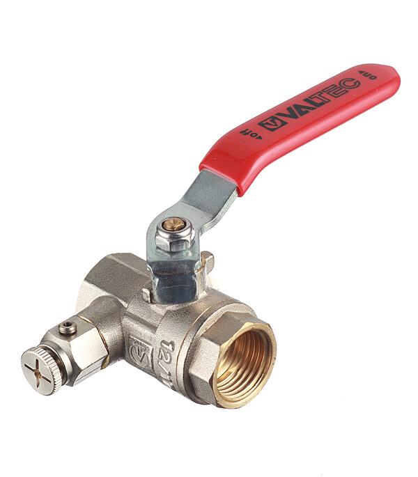 Изображение товара Кран шаровой латунный Valtec Base 1/2 ВР(г) х 1/2 ВР(г) ручка с дренажом и воздухоотводчиком прямой (VT.245.N.04)