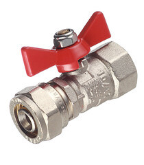 Изображение товара Кран шаровой латунный Valtec 16 обж(ц) х 1/2 ВР(г) для металлопластиковых труб бабочка прямой (VT.342.N.1604)