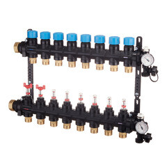 Коллекторная группа Henco (UFH-0605MDK08-03L) 1 ВР(г) х 8 выходов 3/4 НР(ш) ЕК х 1 ВР(г) с расходомерами композитная