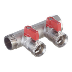 Коллектор Henco 3/4 ВР(г) х 2 выхода 3/4 НР(ш) ЕК х 3/4 НР(ш) с шаровыми кранами (VB050502-ROOD) - фото 1
