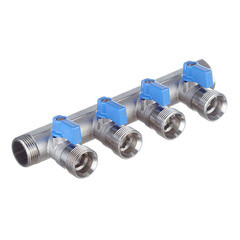 Изображение товара Коллектор Henco 3/4 ВР(г) х 4 выхода 3/4 НР(ш) ЕК х 3/4 НР(ш) с шаровыми кранами (VB050504-BLAUW)