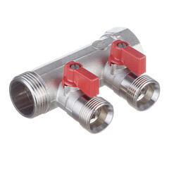 Изображение товара Коллектор Henco 1 ВР(г) х 2 выхода 3/4 НР(ш) ЕК х 1 НР(ш) с шаровыми кранами (VB060502-ROOD)