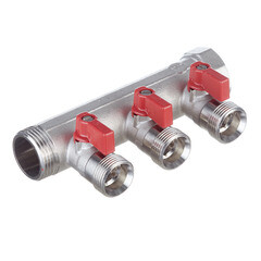 Изображение товара Коллектор Henco 1 ВР(г) х 3 выхода 3/4 НР(ш) ЕК х 1 НР(ш) с шаровыми кранами (VB060503-ROOD)