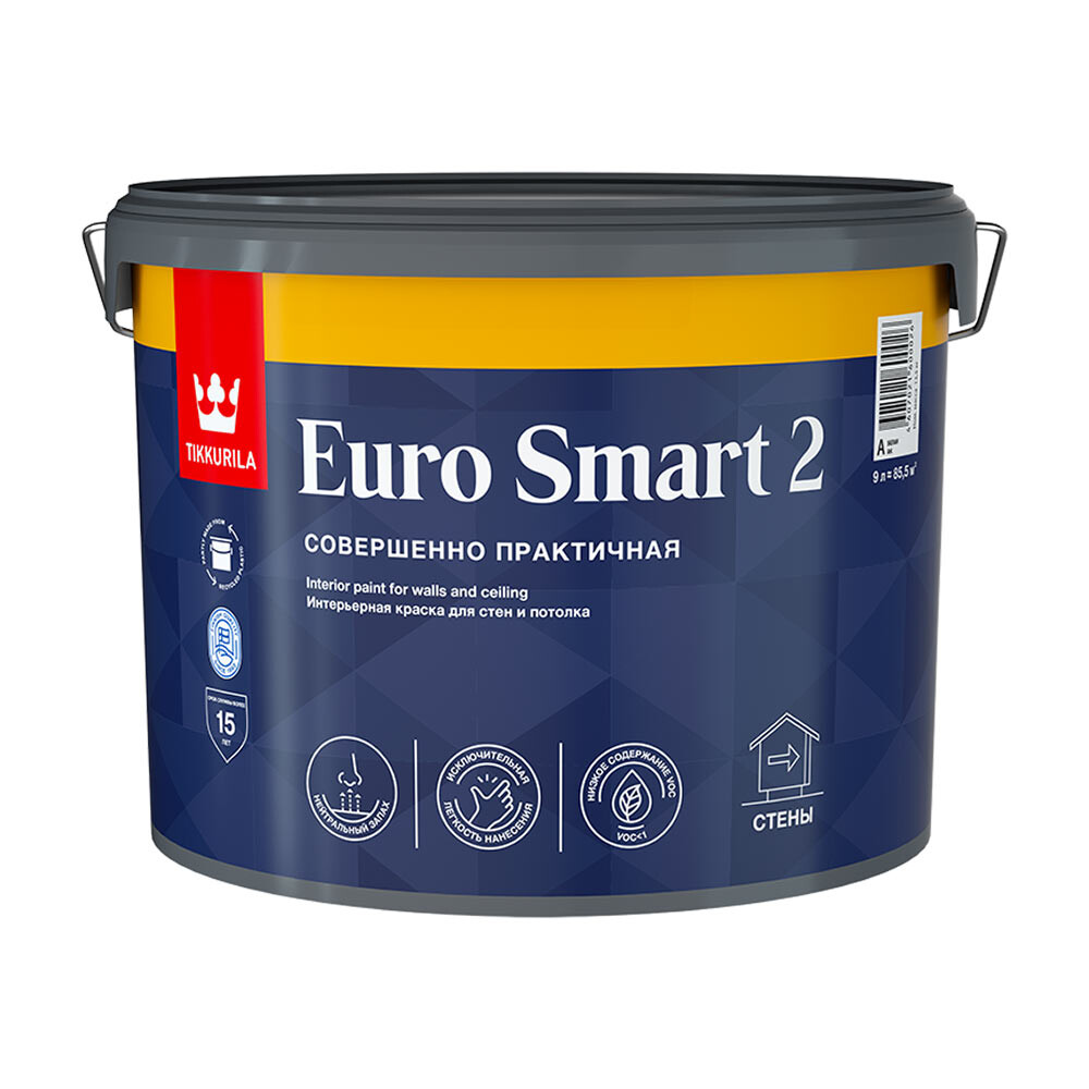 Изображение товара Интерьерная латексная краска Tikkurila Tikkivala Euro Smart 2 белая 9 л для стен и потолков