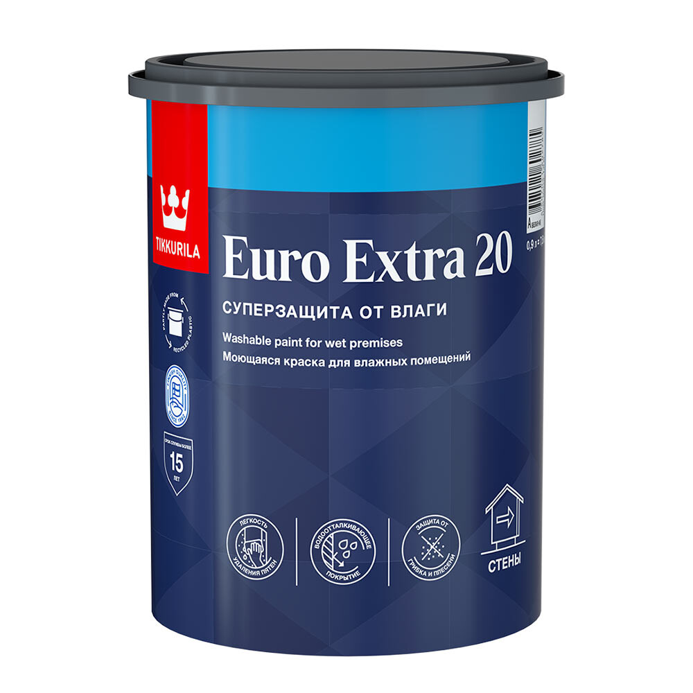 Изображение товара Краска моющаяся Tikkurila/Tikkivala Euro Extra 20 база А белая 0,9 л