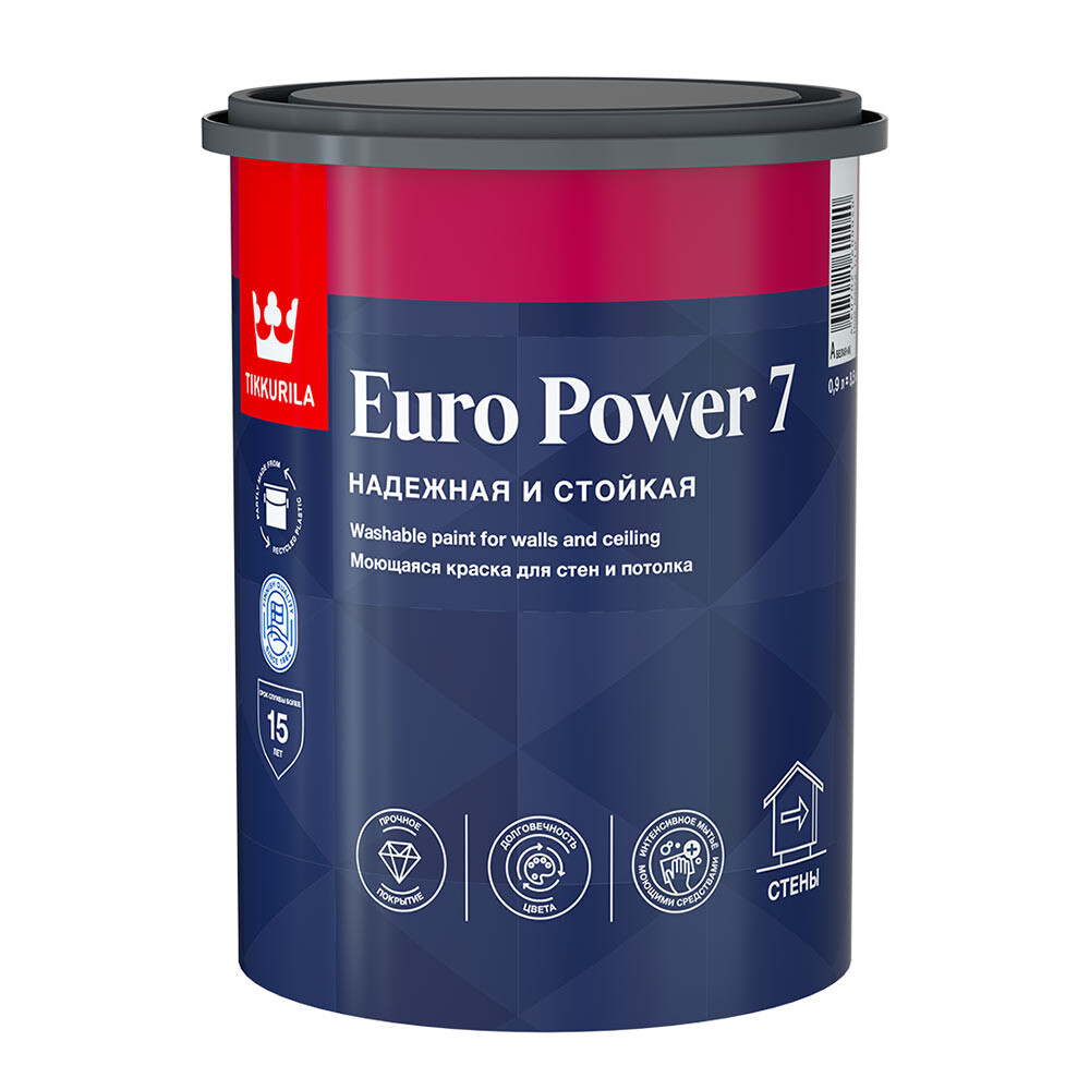 Изображение товара Краска моющаяся Tikkurila Euro Power 7 база А белая 0,9 л для стен и потолков