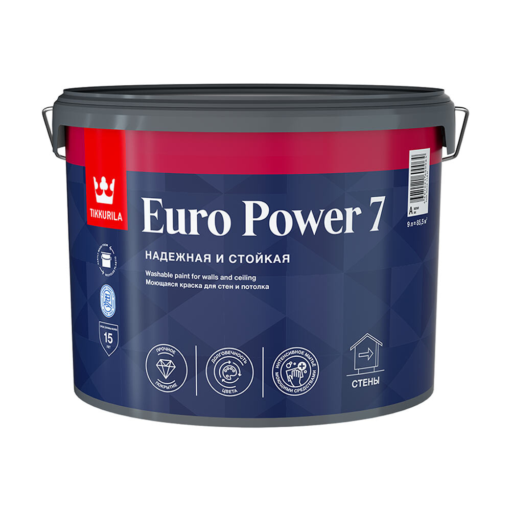 Изображение товара Краска моющаяся Tikkurila Euro Power 7, 9 л, для стен и потолков в помещениях с высокой влажностью