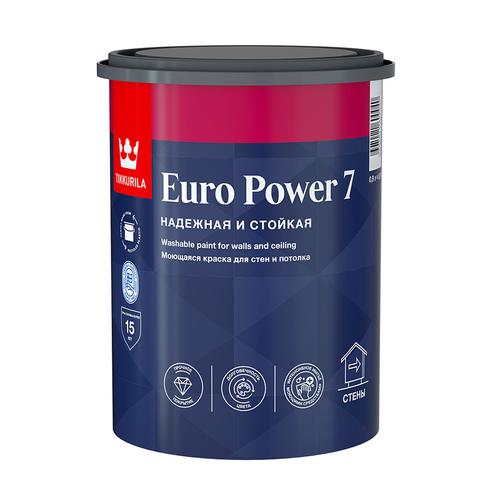 Изображение товара Краска моющаяся Tikkurila/Tikkivala Euro Power 7 база С бесцветная 0,9 л