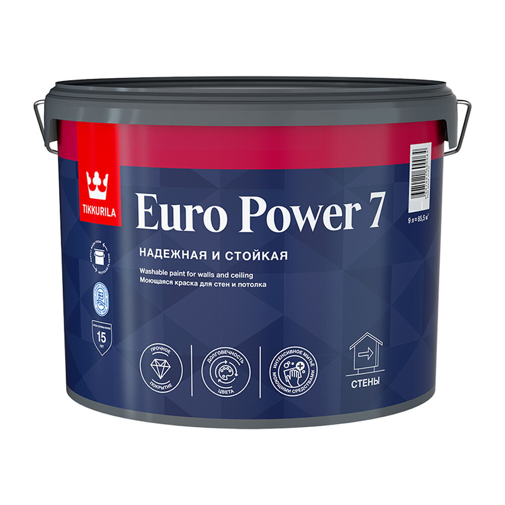Изображение товара Моющаяся воднодисперсионная краска Tikkurila Euro Power 7, 9 л, бесцветная, матовая