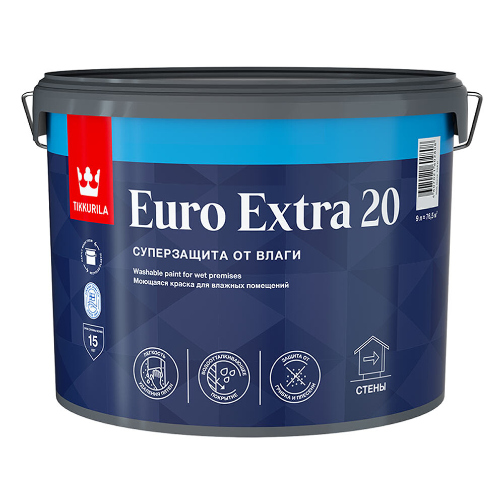 Изображение товара Моющаяся акриловая краска Tikkurila Euro Extra 20 9 л бесцветная для влажных помещений