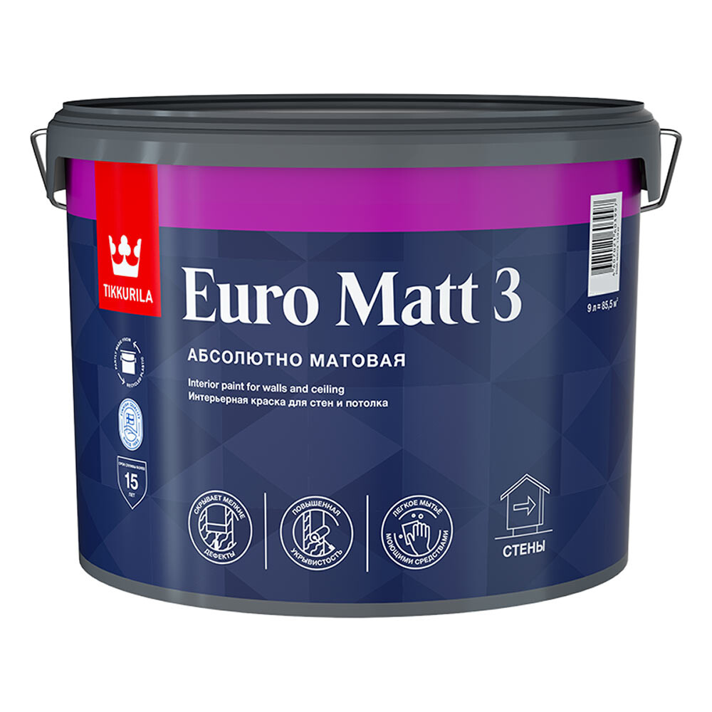 Изображение товара Интерьерная краска Tikkurila Euro Matt 3 9 л, экологичная, матовая