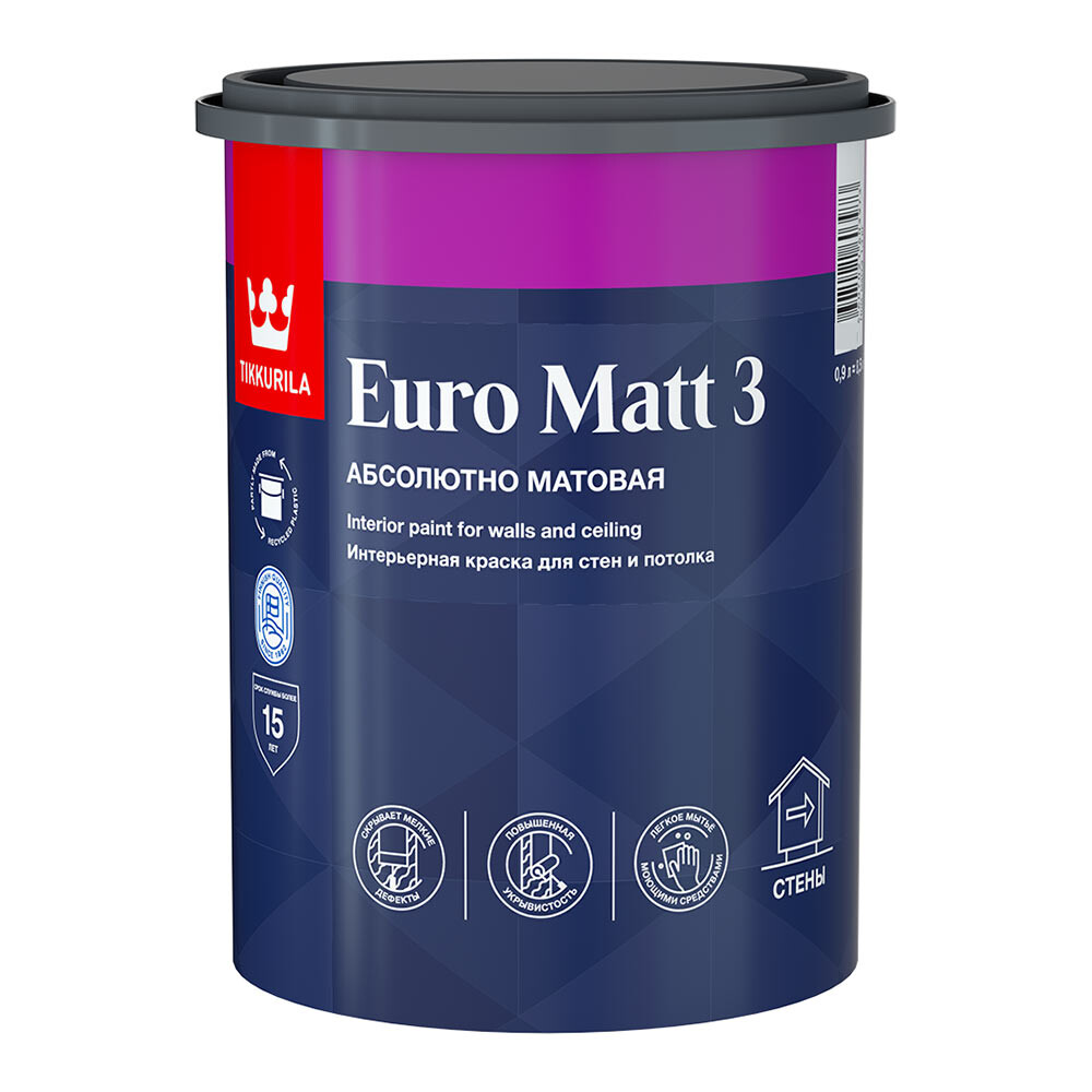 Изображение товара Интерьерная акриловая краска Tikkurila Euro Matt 3 бесцветная 0,9 л для стен и потолков