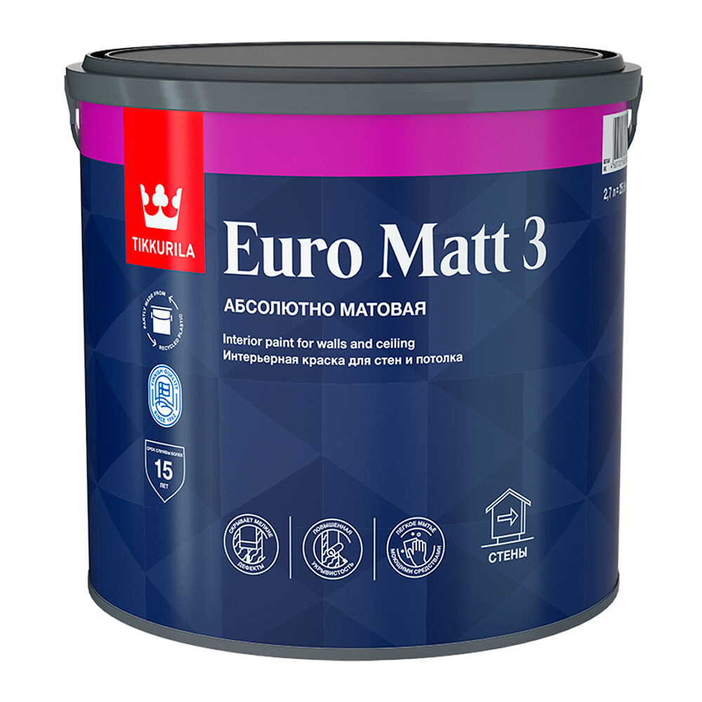 Изображение товара Интерьерная краска Tikkurila Tikkivala Euro Matt 3 глубокоматовая 2,7 л