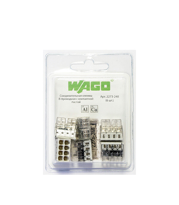 Клемма на 8 проводов Wago 2273-248 0,5-2,5 кв. мм самозажимная с пастой (6 шт.)