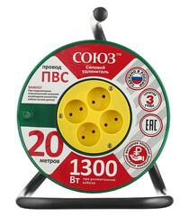 Удлинитель Союз без заземления 20 м на катушке 1,3 кВт 4 розетки ПВС (ТУ) 2х0,75 кв.мм IP20 - фото 2