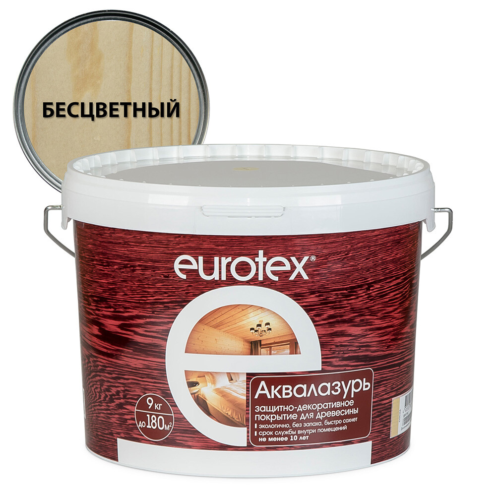Изображение товара Акриловый лак Eurotex Аквалазурь бесцветный 9 л для деревянных поверхностей