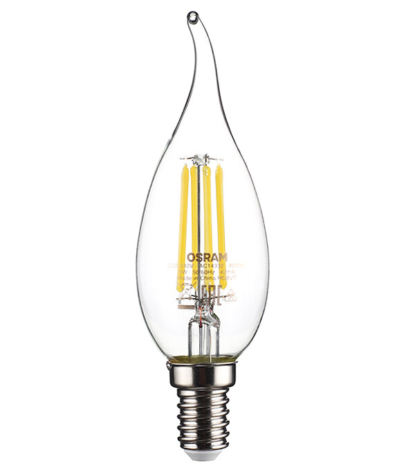 Изображение товара Лампа светодиодная филаментная Osram E14 4000К 5 Вт 600 Лм 220-230 В свеча на ветру прозрачная