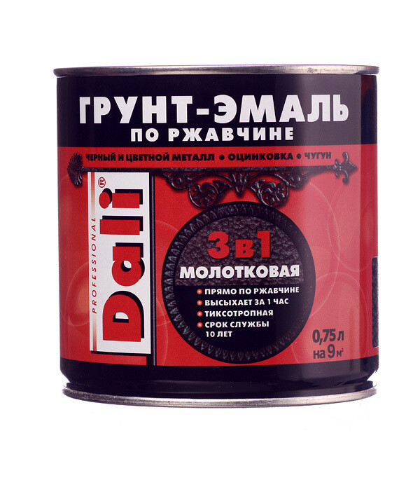 Изображение товара Грунт-эмаль по ржавчине Dali 3в1 черная молотковая 0,75л для металлических и деревянных поверхносте