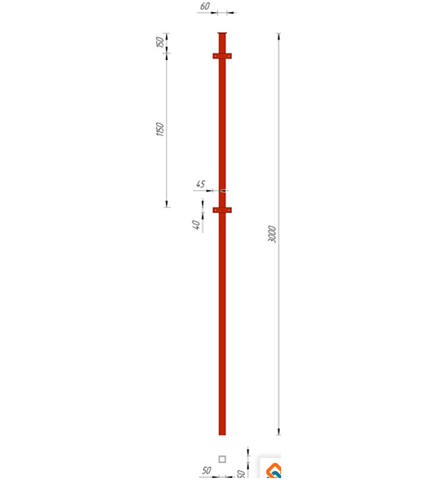 Изображение товара Столб для забора 50х50х1,5 мм 3 м с планками и грунтовым покрытием