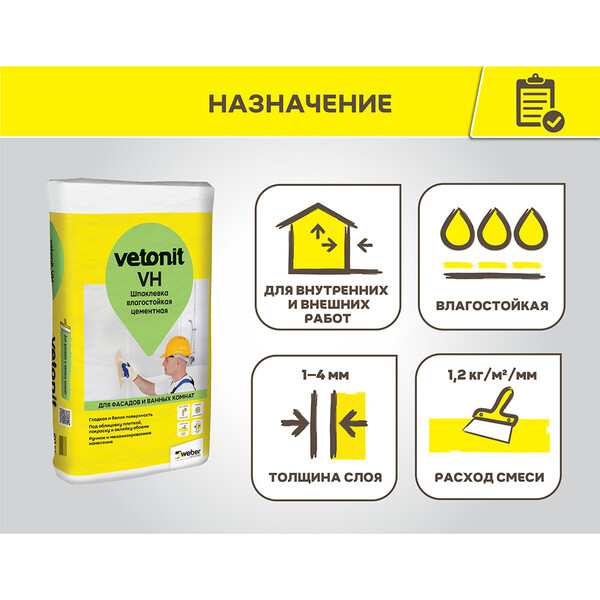 Шпаклевка цементная Weber.vetonit VH для влажных помещений белая 20 кг ...