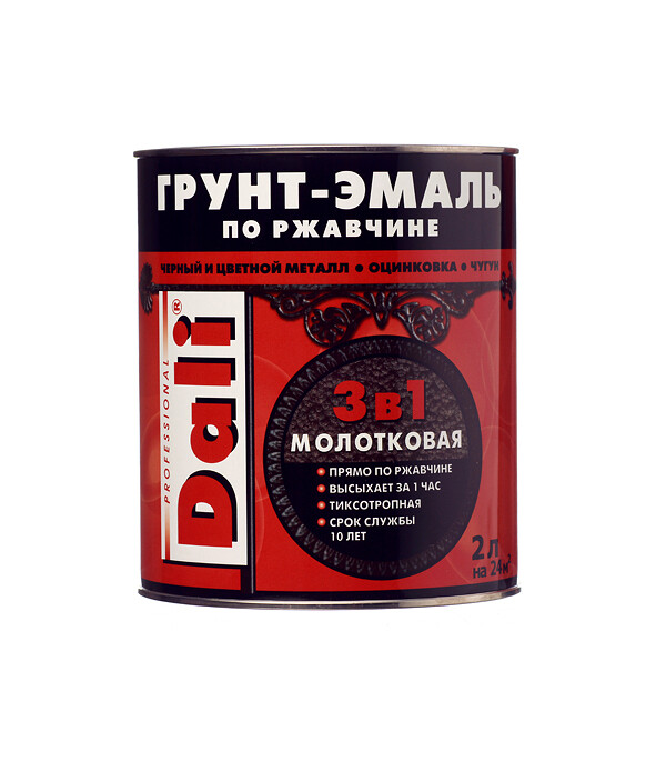 Изображение товара Грунт-эмаль по ржавчине Dali 3в1 коричневая молотковая 2л для металлических и деревянных поверхност
