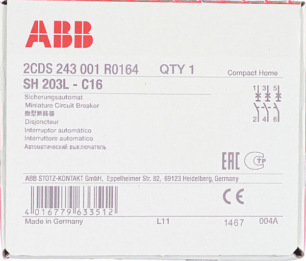 Автоматический выключатель модульный ABB SH203L 3P 16А тип C 4,5 кА 400 ...