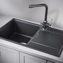 Мойка для кухни Granula 78х50х20 см врезная с крылом с сифоном кварц шварц - фото 3