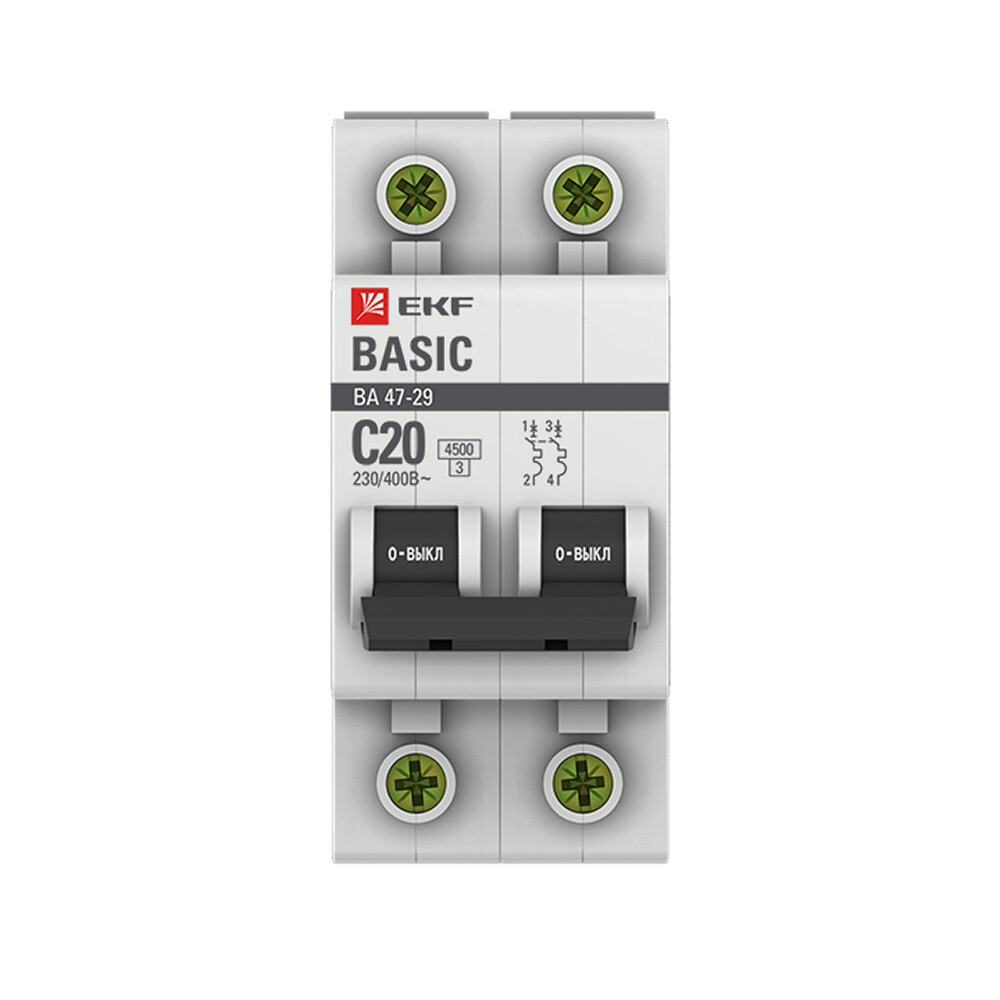 Изображение товара Автоматический выключатель модульный EKF Basic ВА 47-29 2P 20А тип C 4,5 кА 230 В (mcb4729-2-20C)