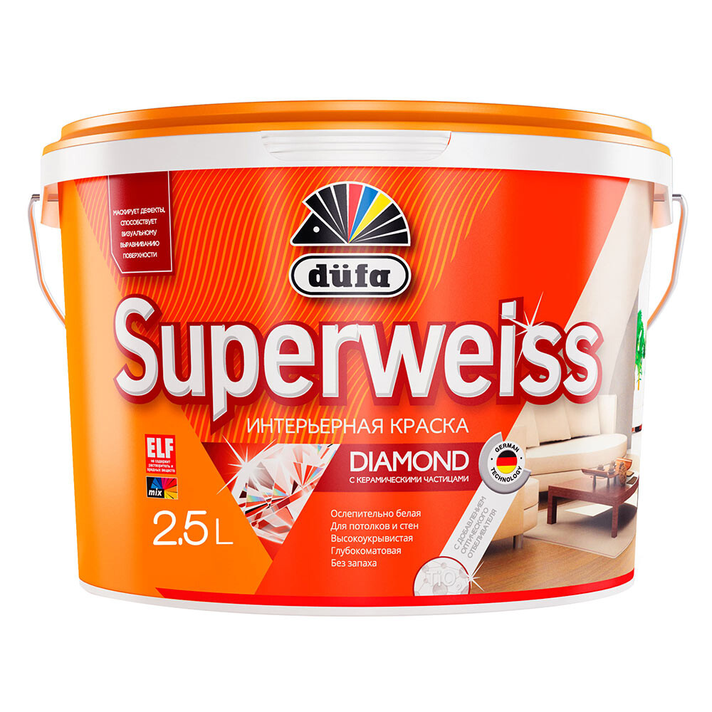 Изображение товара Интерьерная краска Dufa Superweiss RD4 база 1 белая 2,5 л для внутренних работ