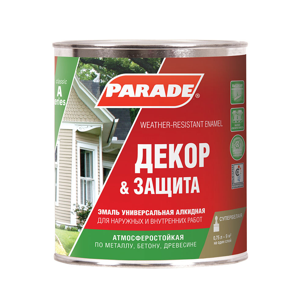 Изображение товара Алкидная эмаль Parade Декор и защита база 0,75 л матовая для внутренних и наружных работ