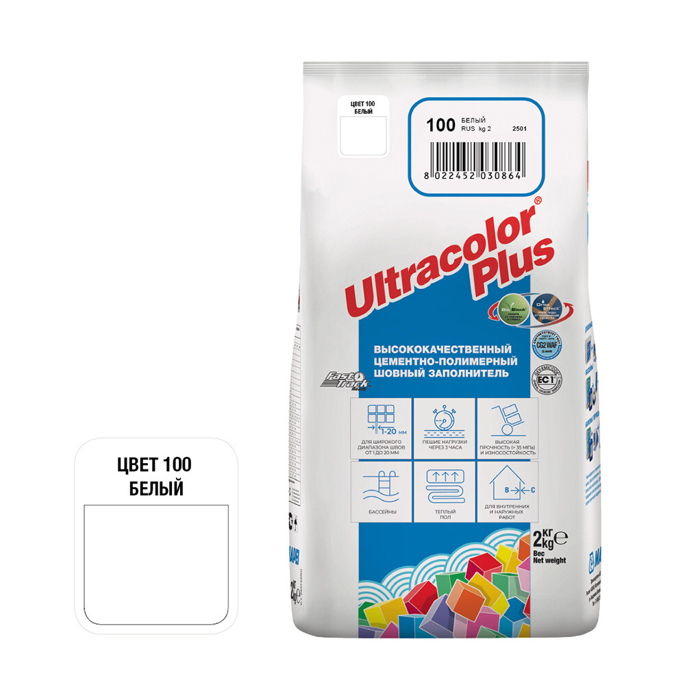 Изображение товара Затирка цементная Mapei Ultracolor Plus 100 белая 2 кг