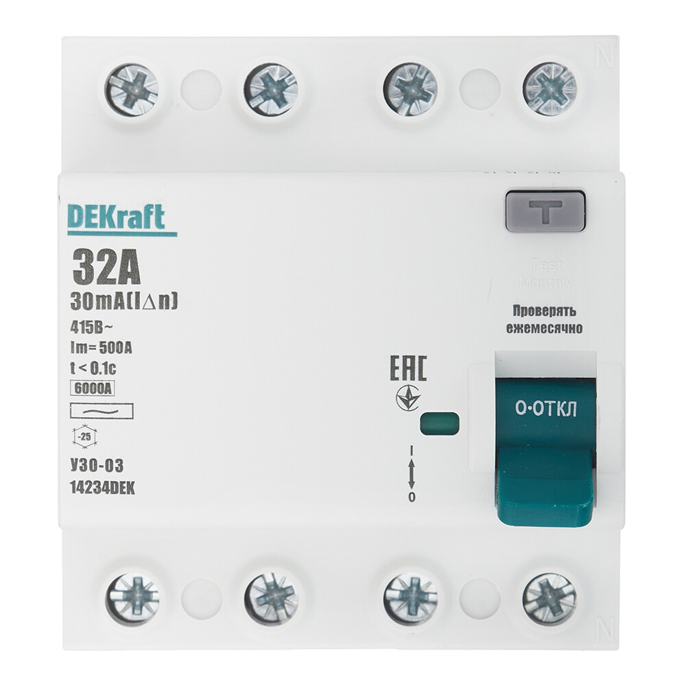 Изображение товара УЗО Dekraft УЗО-03 32А 3P+N тип AC защита от утечек тока дифференциальный автомат