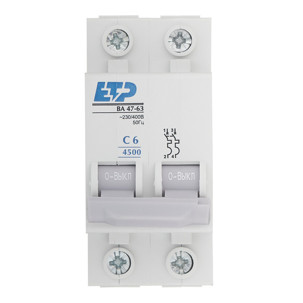 Изображение товара Автоматический выключатель модульный ETP ВА 47-63 2P 6А тип C 4,5 кА 230/400 В