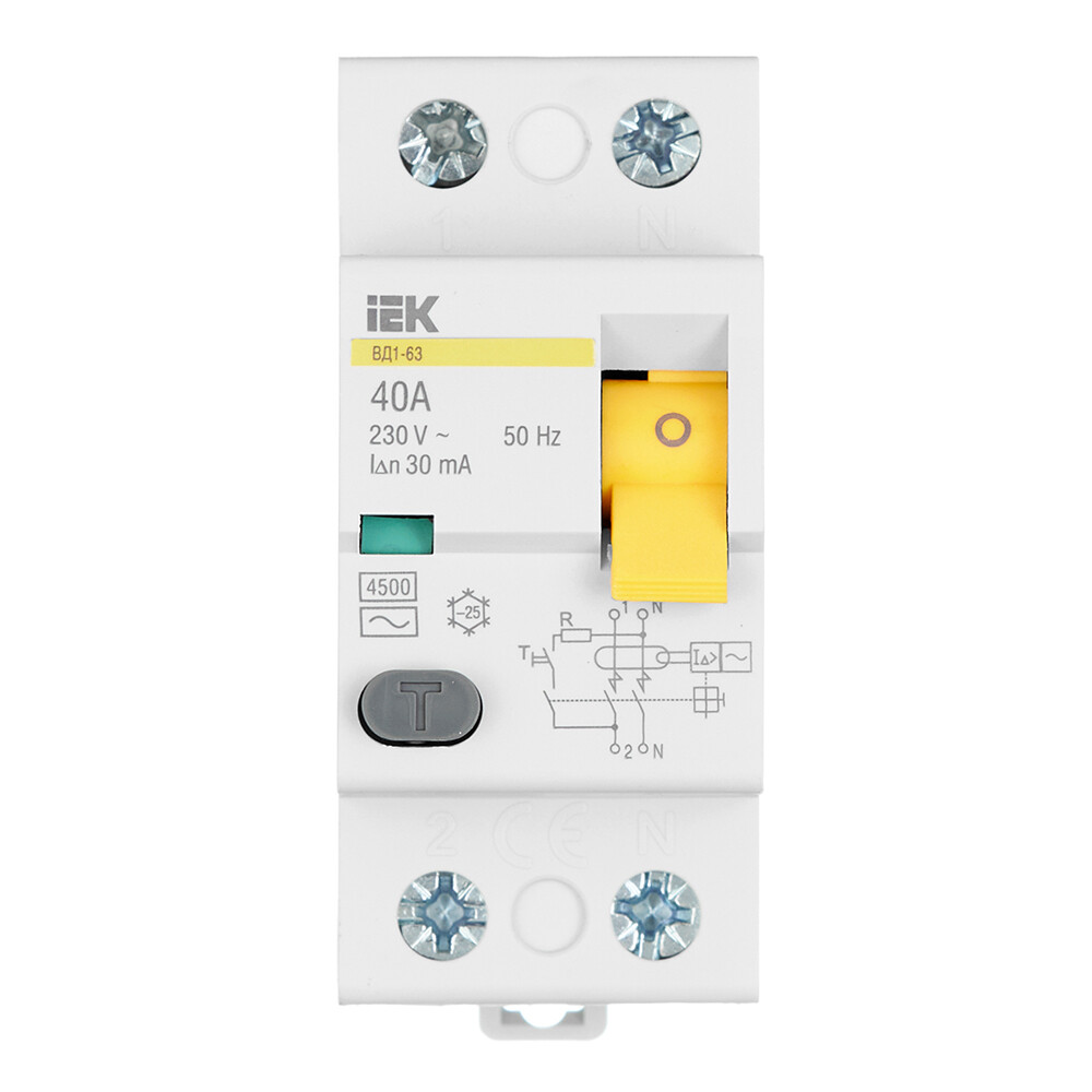 Изображение товара УЗО IEK Karat ВД1-63 40A 1P+N тип AC 30 мА 4,5 кА