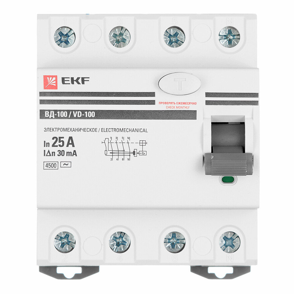 УЗО EKF PROxima ВД-100 25А 3P+N тип AC 30 мА 4,5 кА (elcb-4-25-30-em-pro)