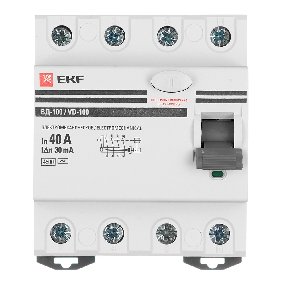 Изображение товара УЗО EKF PROxima ВД-100 40А 3P+N тип AC 30мА компактное защита от поражения током