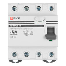 УЗО EKF PROxima ВД-100 63А 3P+N тип AC 30 мА 4,5 кА (elcb-4-63-30-em-pro)