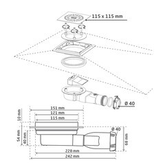 Трап душевой горизонтальный Wirquin Venisio Compact с сухим затвором 115х115 мм d90 мм решетка из нержавеющей стали (30723462) - фото 3