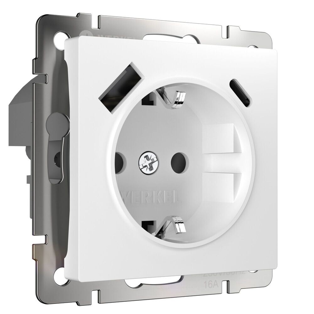 Изображение товара Встраиваемая розетка Werkel с USB-A и Type-C, белая, Ip20, 3 гнезда