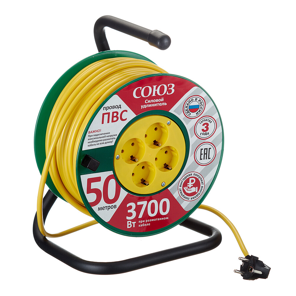Изображение товара Удлинитель силовой Союз 50 м с заземлением 4 розетки IP20