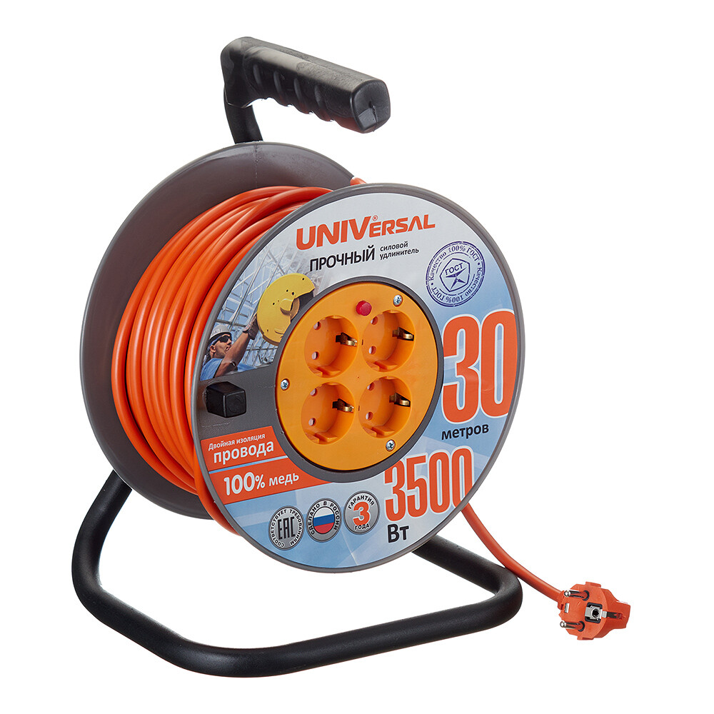 Изображение товара Удлинитель UNIVersal 30м на катушке, 4 розетки, 3,5 кВт, ПВС 3х1,5, IP20